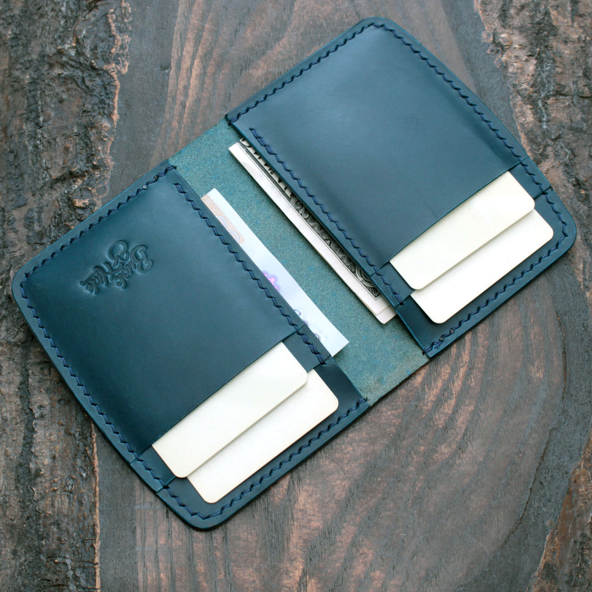 Six pocket leather wallet, hatched & smooth navy Buttero
