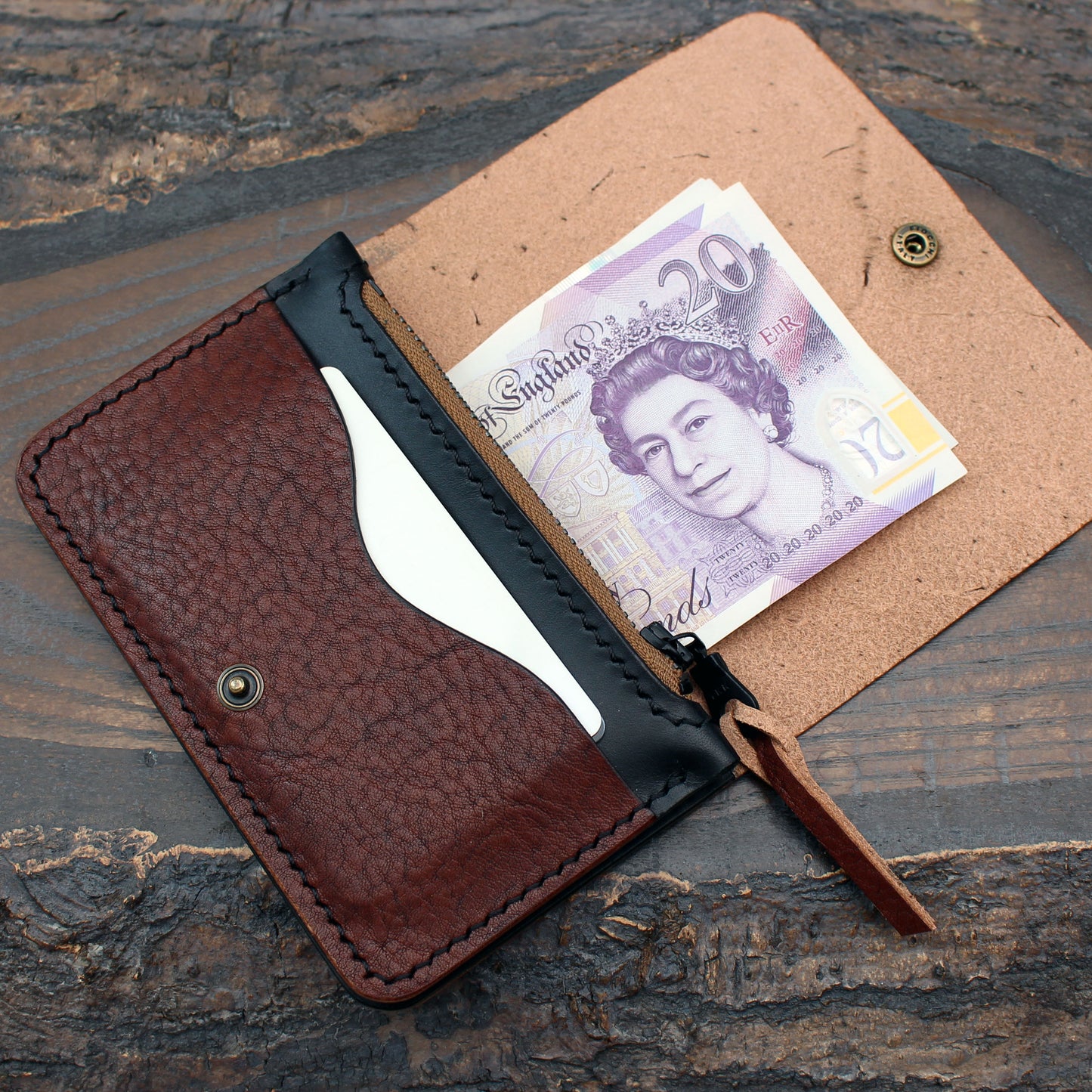 Snap wallet with zipper pouch, Iroko & Buttero