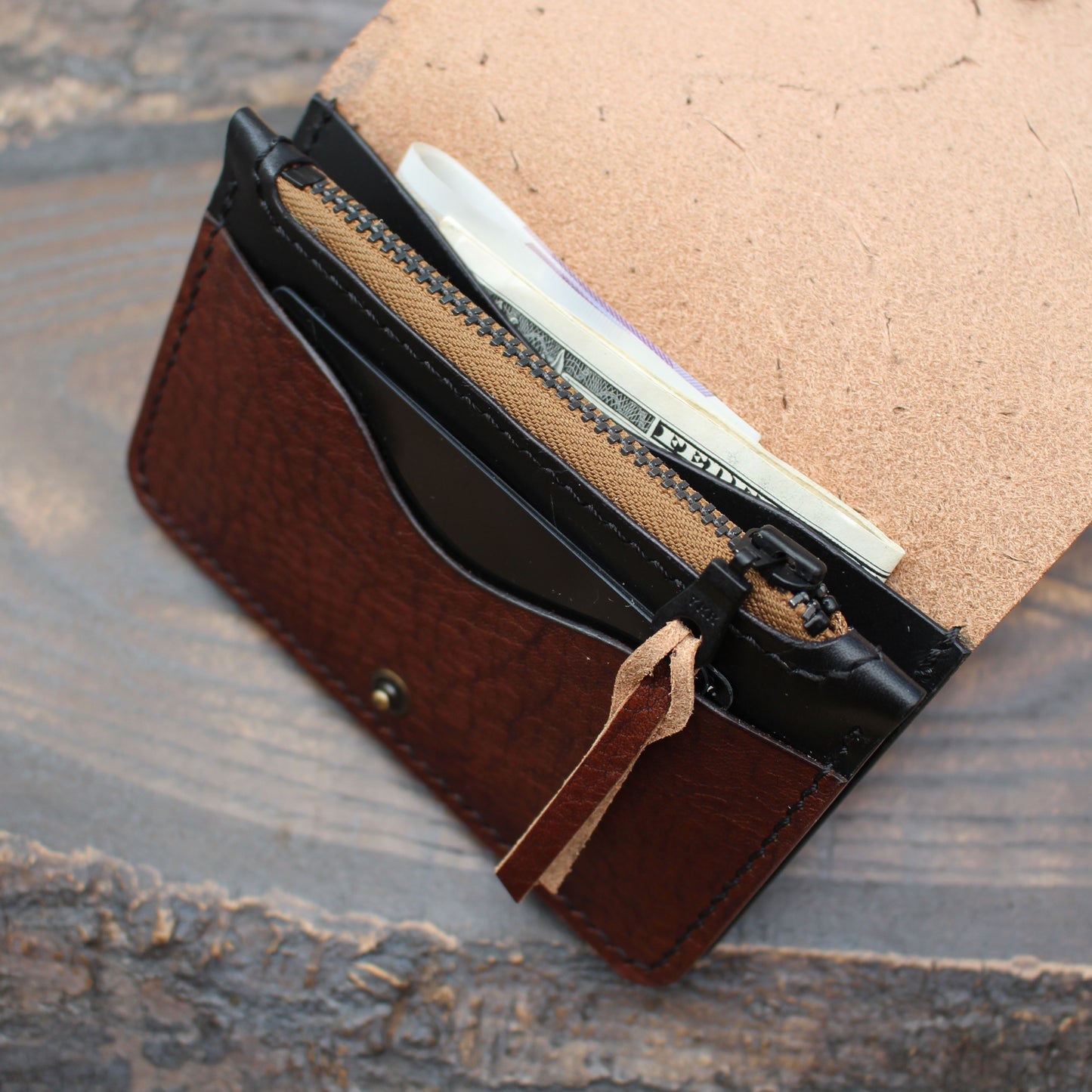 Snap wallet with zipper pouch, Iroko & Buttero