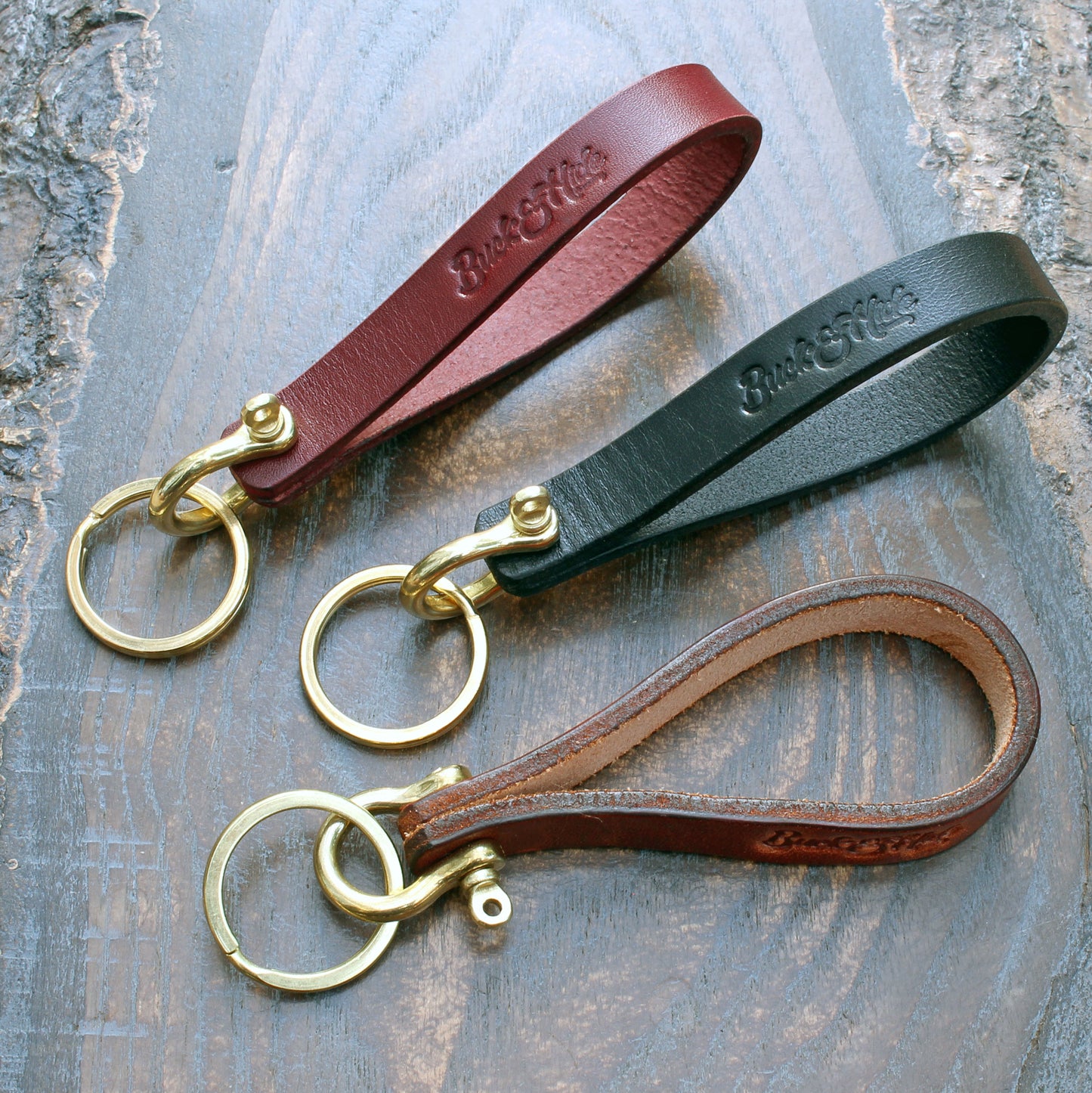 Leather and brass shackle key strap