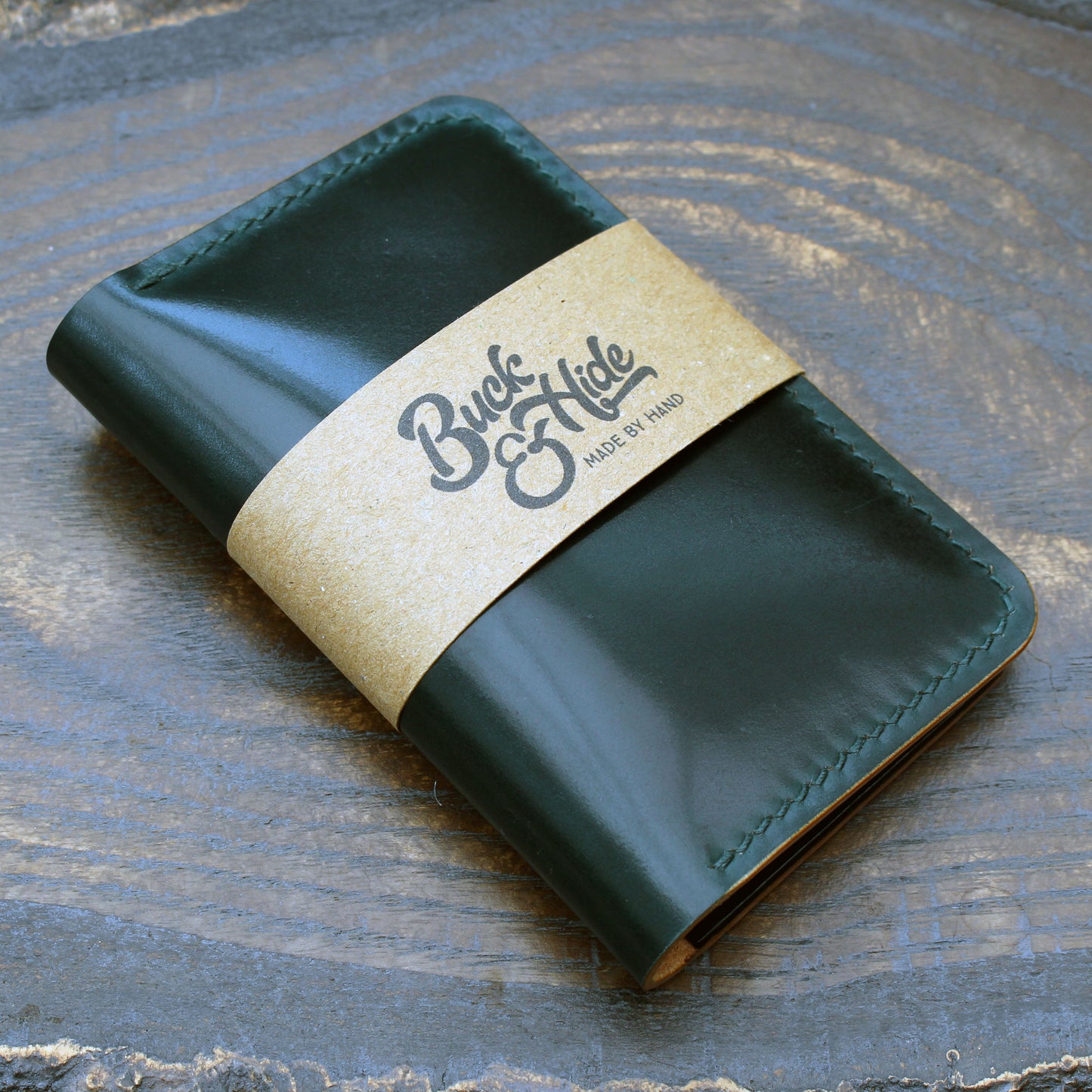 Green Shell Cordovan & black Buttero 3-slot card holder.