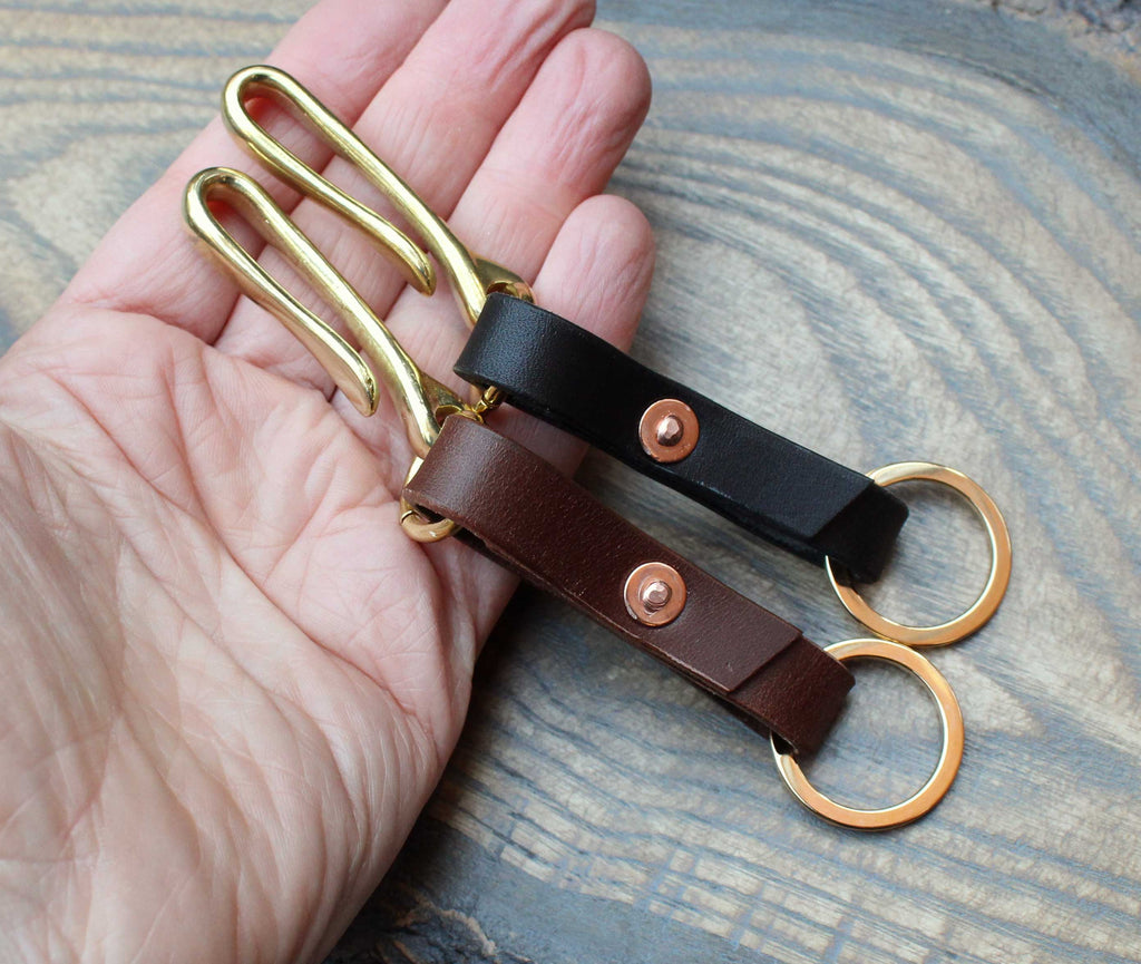 Brass Japanese fish hook and leather key holder, key hook